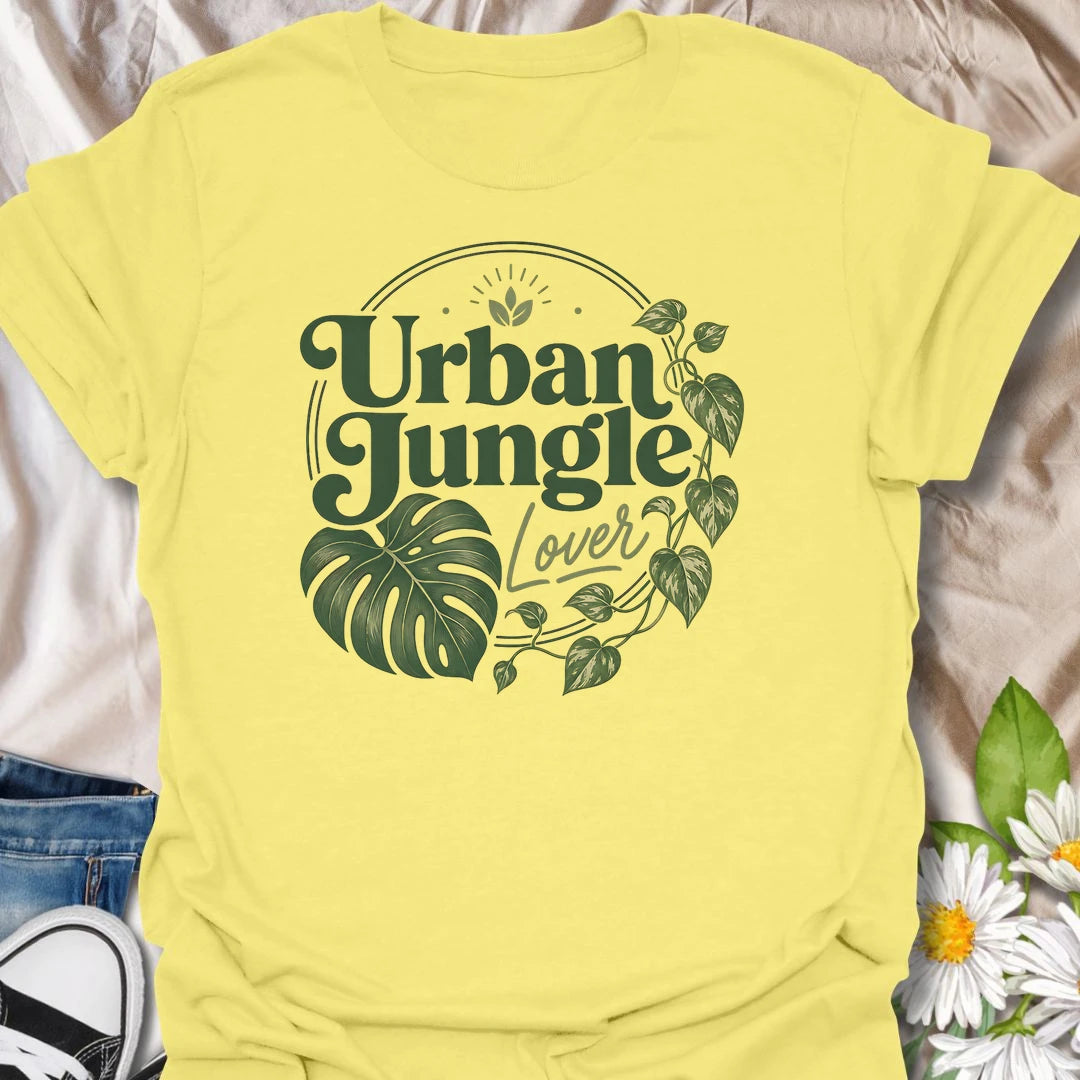 Urban Jungle Lover t-shirt for plant lovers, plant moms, and houseplant fans who fill their home with monstera, pothos, trailing vines, and leafy green style.