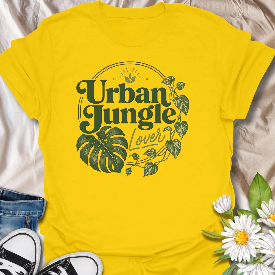 Urban Jungle Lover t-shirt for plant lovers, plant moms, and houseplant fans who fill their home with monstera, pothos, trailing vines, and leafy green style.