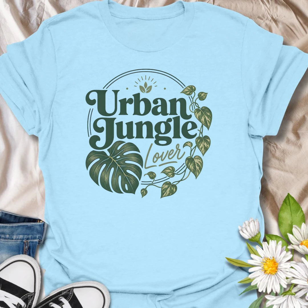 Urban Jungle Lover t-shirt for plant lovers, plant moms, and houseplant fans who fill their home with monstera, pothos, trailing vines, and leafy green style.