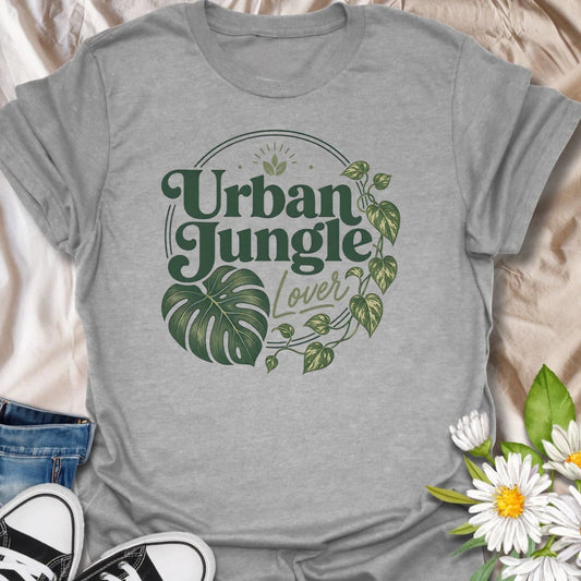 Urban Jungle Lover t-shirt for plant lovers, plant moms, and houseplant fans who fill their home with monstera, pothos, trailing vines, and leafy green style.