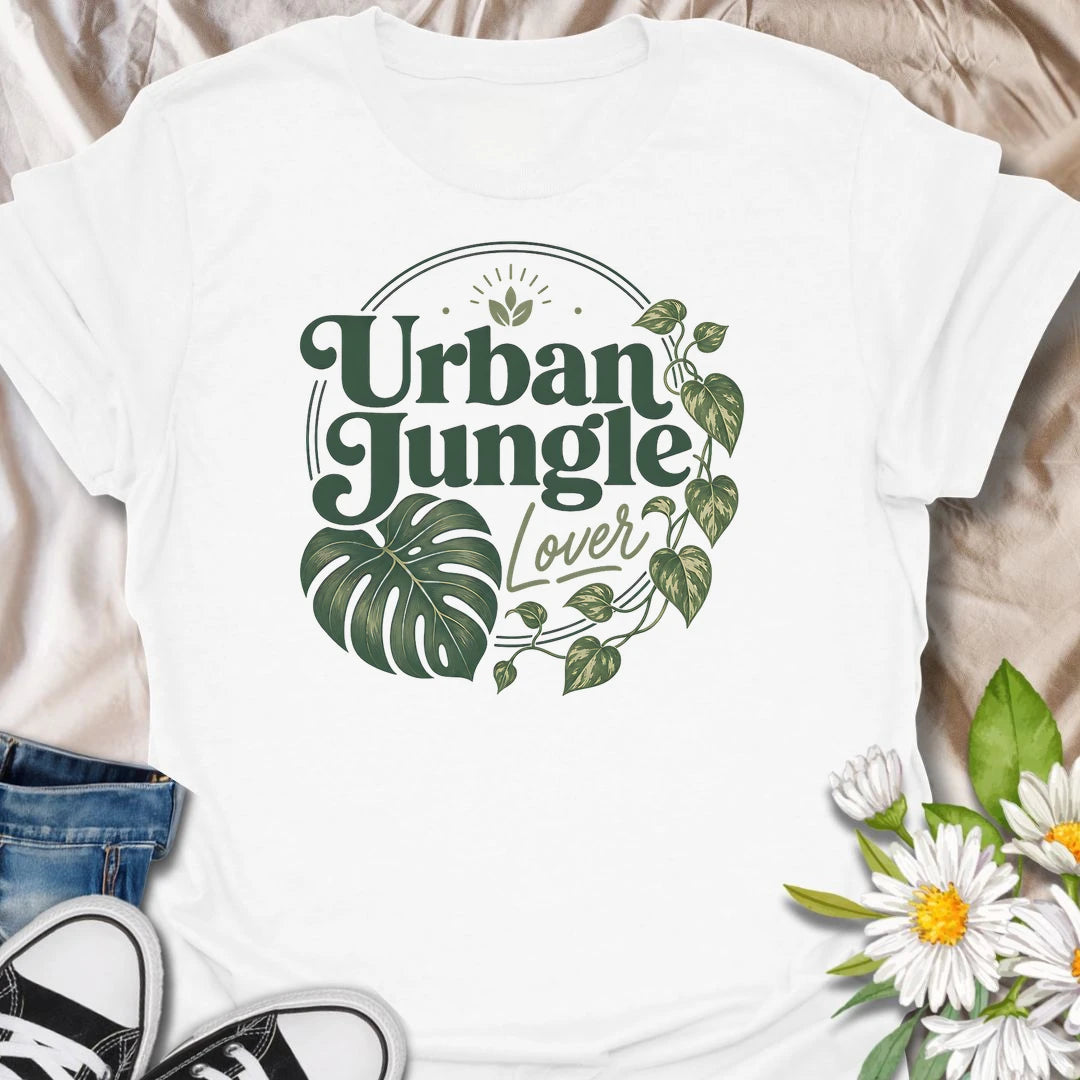 Urban Jungle Lover t-shirt for plant lovers, plant moms, and houseplant fans who fill their home with monstera, pothos, trailing vines, and leafy green style.