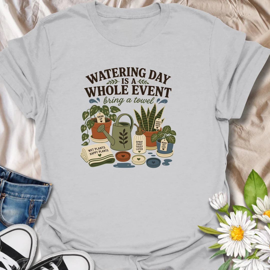 Celebrate the weekly houseplant ritual with this “Watering Day Is a Whole Event” T-shirt. Featuring thirsty plants, watering tools, saucers, and the reminder to bring a towel, it perfectly captures the organized chaos of plant care. A funny gift for indoor gardeners with an extensive watering routine.