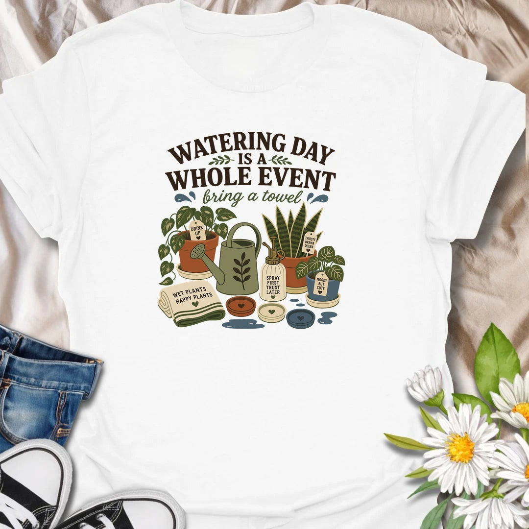 Celebrate the weekly houseplant ritual with this “Watering Day Is a Whole Event” T-shirt. Featuring thirsty plants, watering tools, saucers, and the reminder to bring a towel, it perfectly captures the organized chaos of plant care. A funny gift for indoor gardeners with an extensive watering routine.
