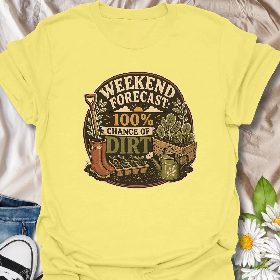 Funny gardening t-shirt with a playful weekend forecast for anyone happiest in the dirt.
Features gardening boots, seedlings, a raised bed, and classic garden tools in a bold vintage layout.
Perfect for gardeners, weekend growers, and plant lovers who spend every spare moment outside.