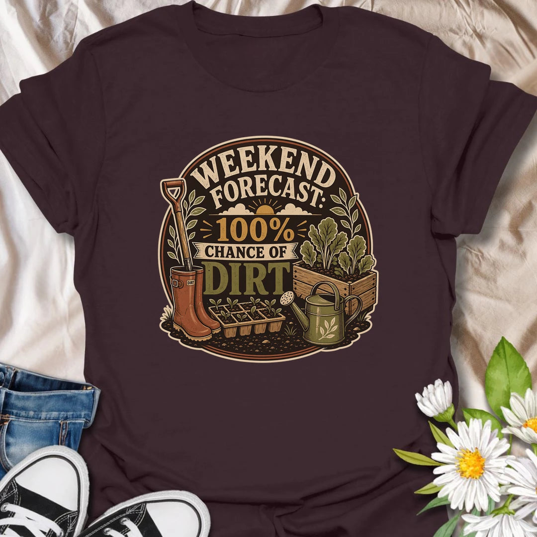 Funny gardening t-shirt with a playful weekend forecast for anyone happiest in the dirt.
Features gardening boots, seedlings, a raised bed, and classic garden tools in a bold vintage layout.
Perfect for gardeners, weekend growers, and plant lovers who spend every spare moment outside.