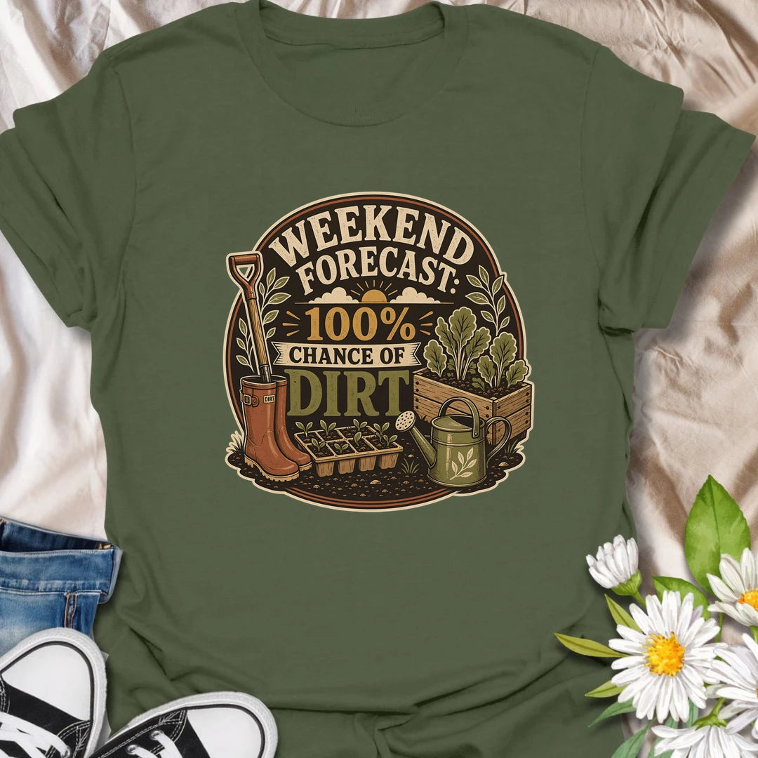 Funny gardening t-shirt with a playful weekend forecast for anyone happiest in the dirt.
Features gardening boots, seedlings, a raised bed, and classic garden tools in a bold vintage layout.
Perfect for gardeners, weekend growers, and plant lovers who spend every spare moment outside.