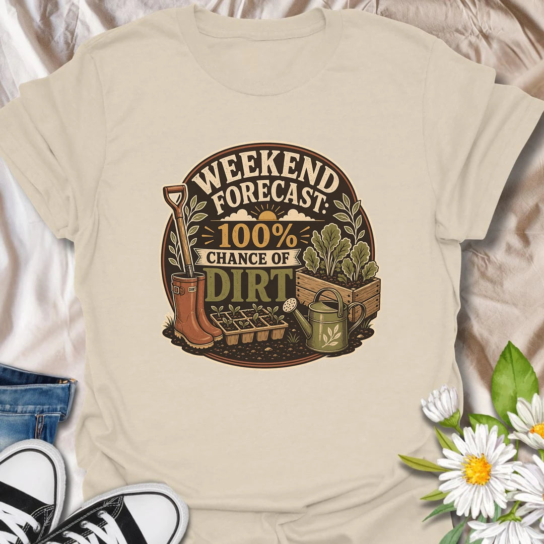Funny gardening t-shirt with a playful weekend forecast for anyone happiest in the dirt.
Features gardening boots, seedlings, a raised bed, and classic garden tools in a bold vintage layout.
Perfect for gardeners, weekend growers, and plant lovers who spend every spare moment outside.