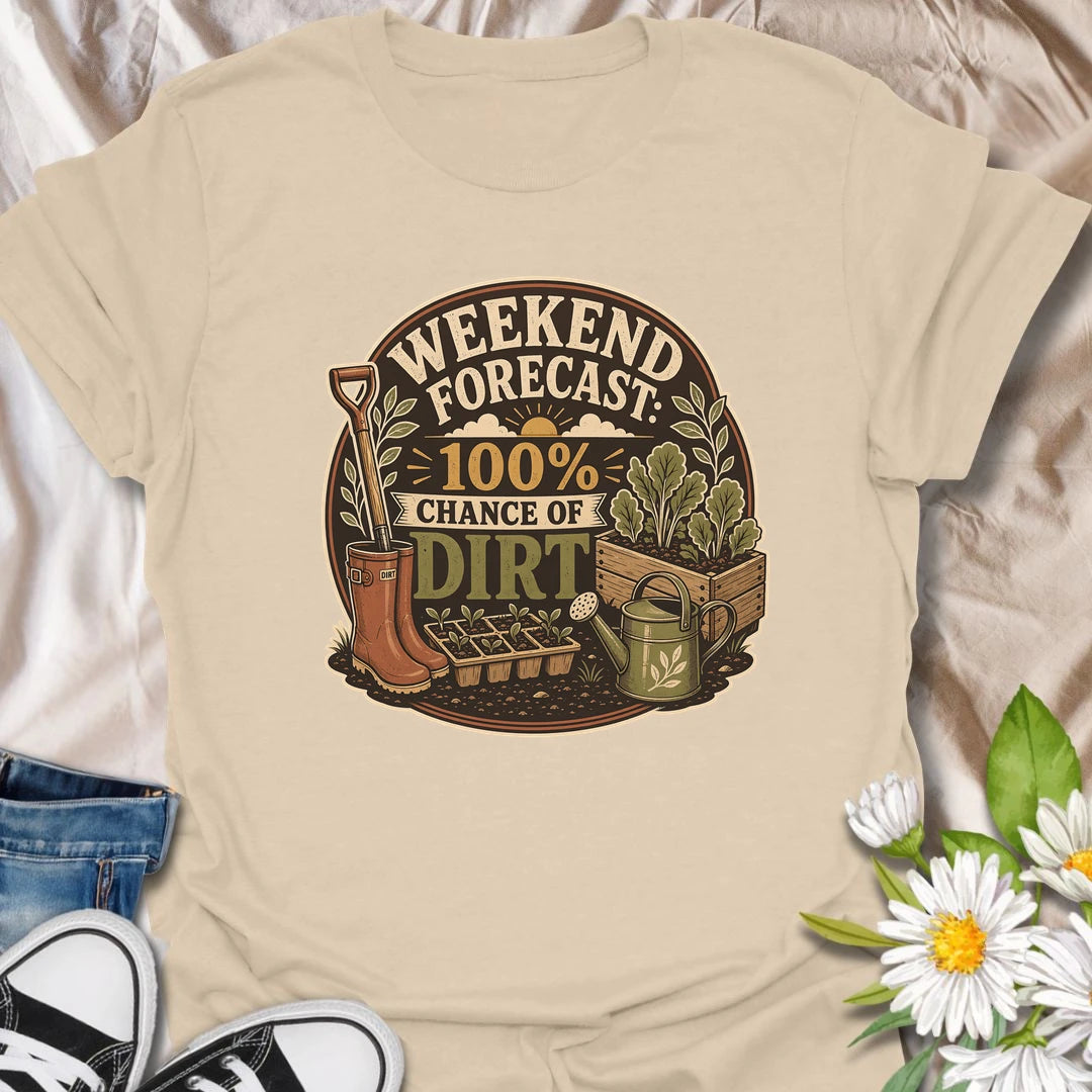 Funny gardening t-shirt with a playful weekend forecast for anyone happiest in the dirt.
Features gardening boots, seedlings, a raised bed, and classic garden tools in a bold vintage layout.
Perfect for gardeners, weekend growers, and plant lovers who spend every spare moment outside.
