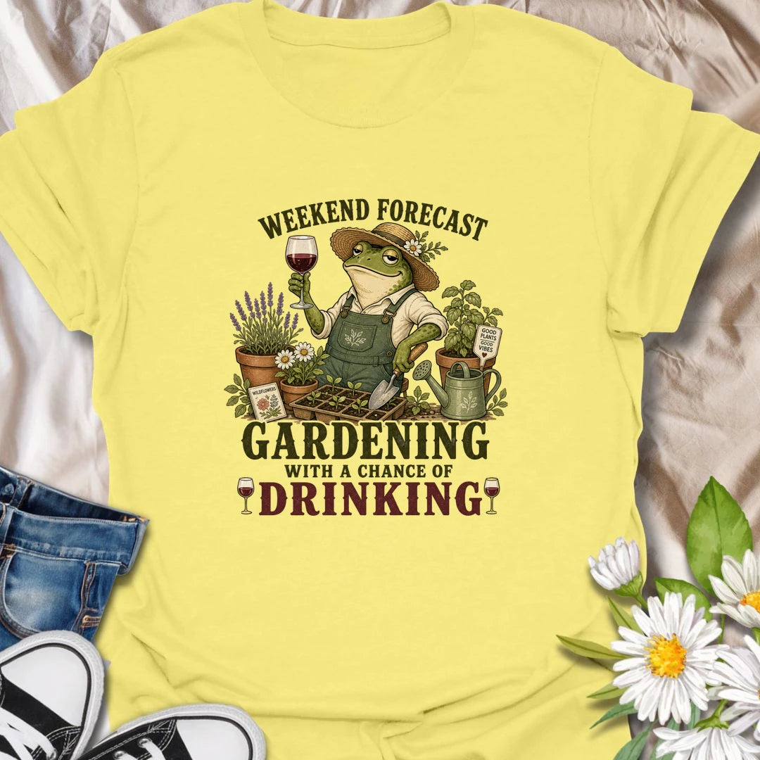 Funny gardening t-shirt for plant lovers who enjoy a little wine with their weekend garden time.
Features a charming frog gardener surrounded by flowers, seedlings, and garden tools with a playful “weekend forecast” theme.
Perfect for gardeners, frog lovers, wine drinkers, and anyone who loves relaxing outdoors with plants and good vibes.