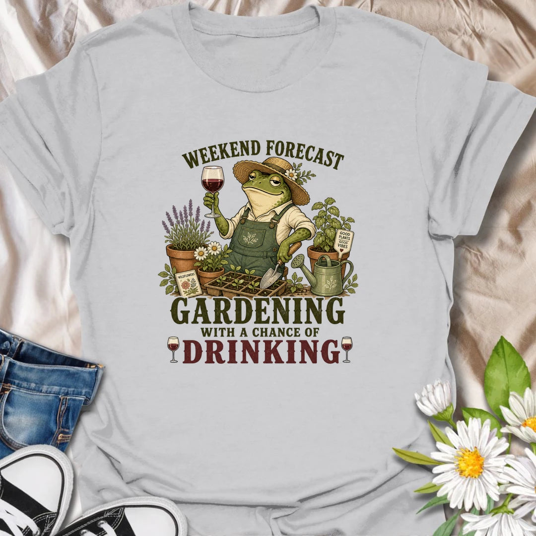 Funny gardening t-shirt for plant lovers who enjoy a little wine with their weekend garden time.
Features a charming frog gardener surrounded by flowers, seedlings, and garden tools with a playful “weekend forecast” theme.
Perfect for gardeners, frog lovers, wine drinkers, and anyone who loves relaxing outdoors with plants and good vibes.