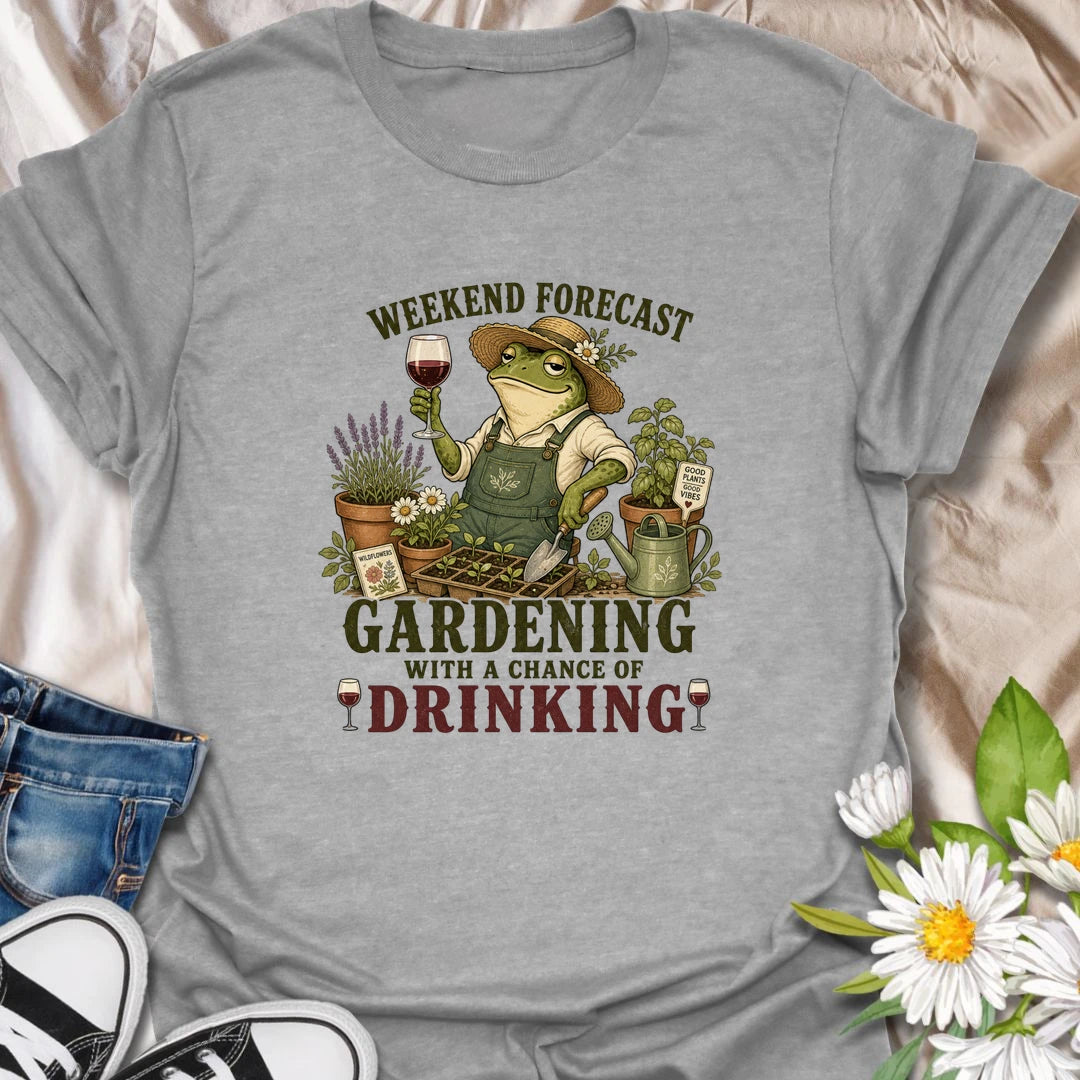 Funny gardening t-shirt for plant lovers who enjoy a little wine with their weekend garden time.
Features a charming frog gardener surrounded by flowers, seedlings, and garden tools with a playful “weekend forecast” theme.
Perfect for gardeners, frog lovers, wine drinkers, and anyone who loves relaxing outdoors with plants and good vibes.