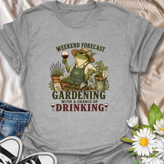 Funny gardening t-shirt for plant lovers who enjoy a little wine with their weekend garden time.
Features a charming frog gardener surrounded by flowers, seedlings, and garden tools with a playful “weekend forecast” theme.
Perfect for gardeners, frog lovers, wine drinkers, and anyone who loves relaxing outdoors with plants and good vibes.