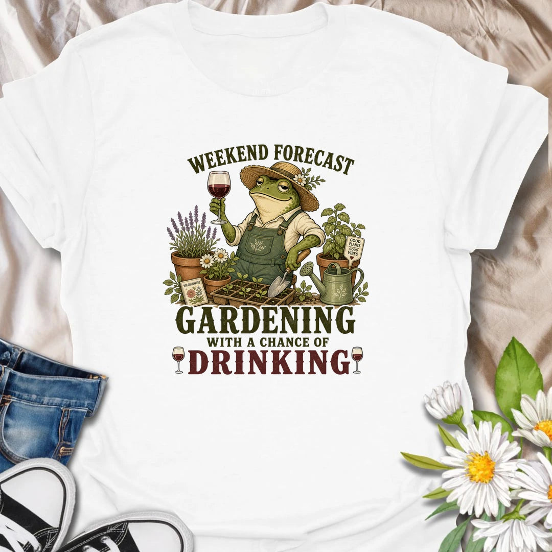 Funny gardening t-shirt for plant lovers who enjoy a little wine with their weekend garden time.
Features a charming frog gardener surrounded by flowers, seedlings, and garden tools with a playful “weekend forecast” theme.
Perfect for gardeners, frog lovers, wine drinkers, and anyone who loves relaxing outdoors with plants and good vibes.