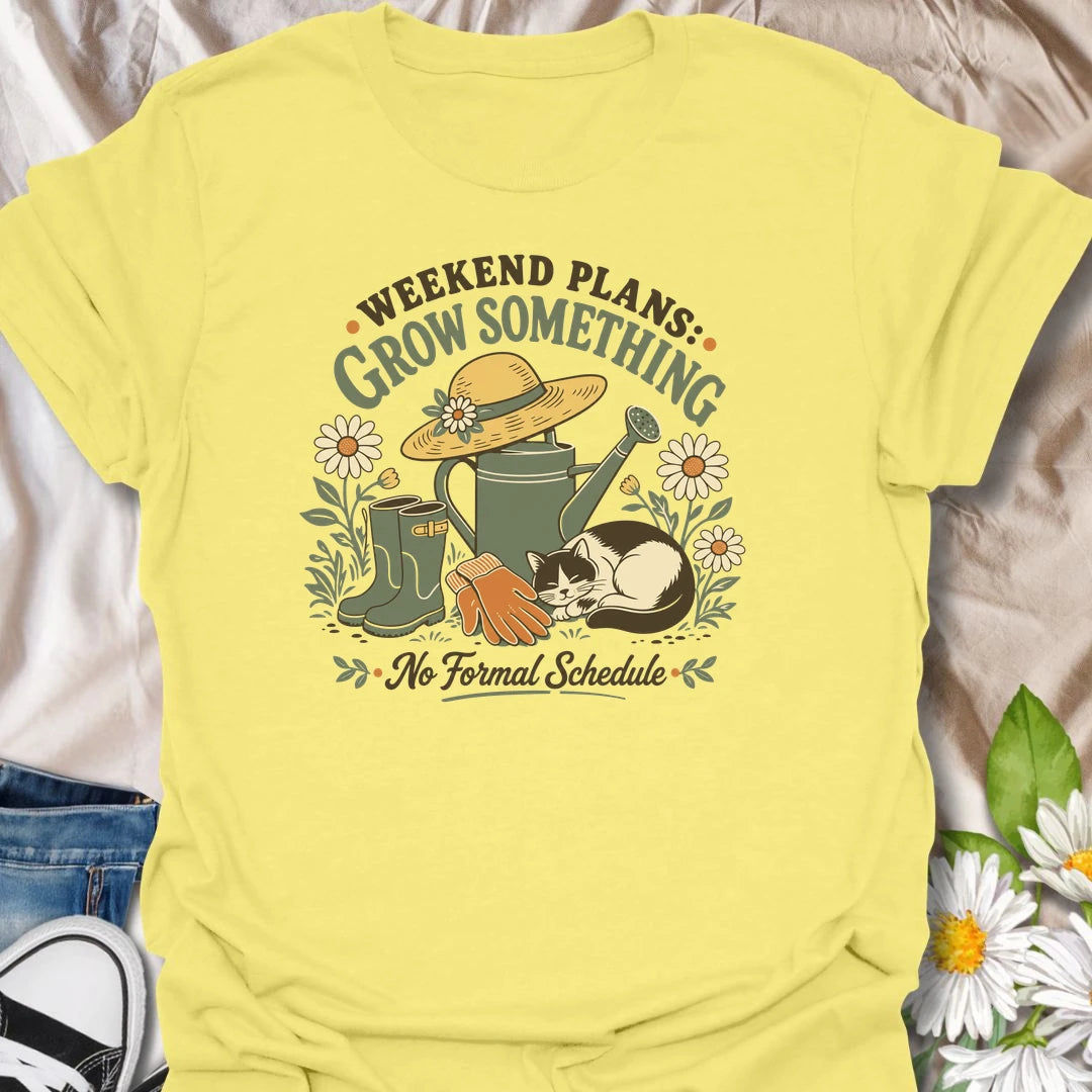 Weekend gardening t-shirt for slow garden days, flowers, watering cans, garden gloves, and growing something with no formal schedule