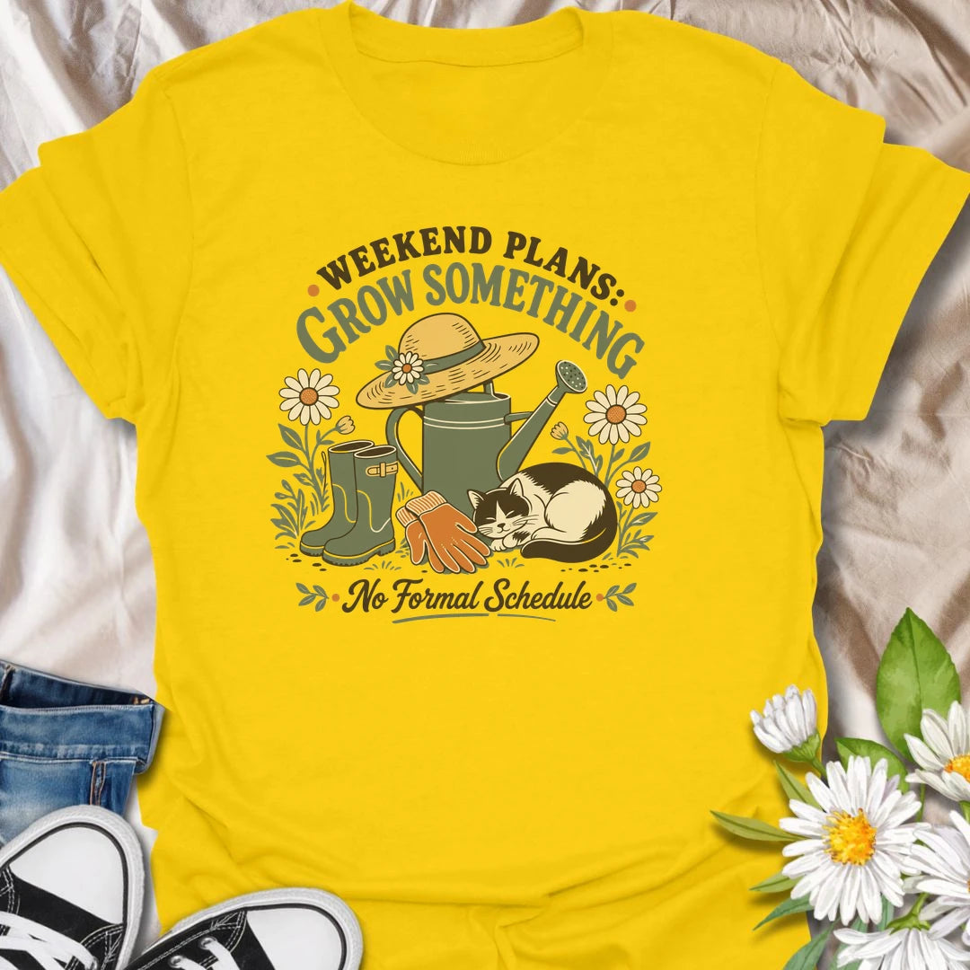 Weekend gardening t-shirt for slow garden days, flowers, watering cans, garden gloves, and growing something with no formal schedule