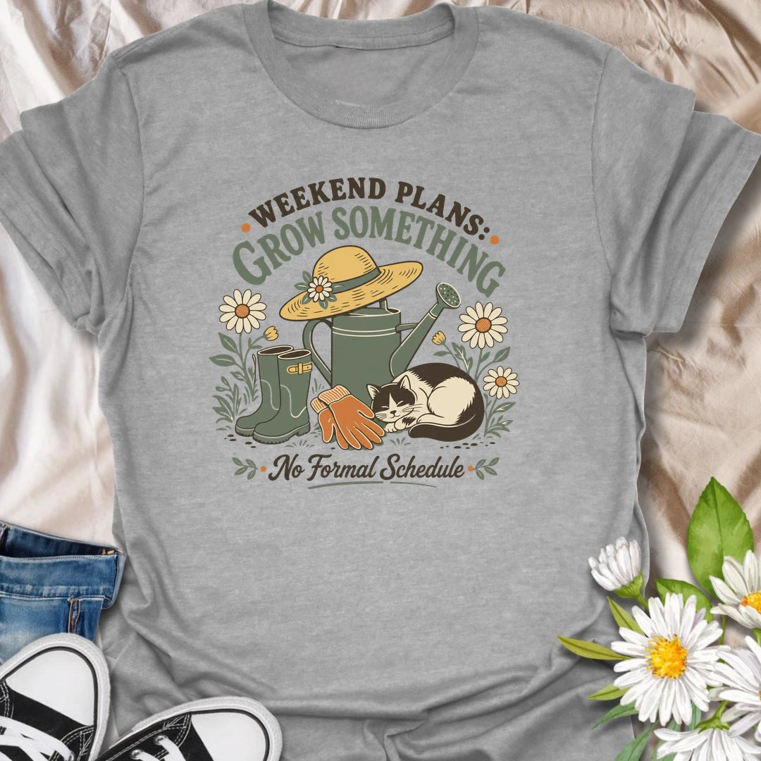 Weekend gardening t-shirt for slow garden days, flowers, watering cans, garden gloves, and growing something with no formal schedule