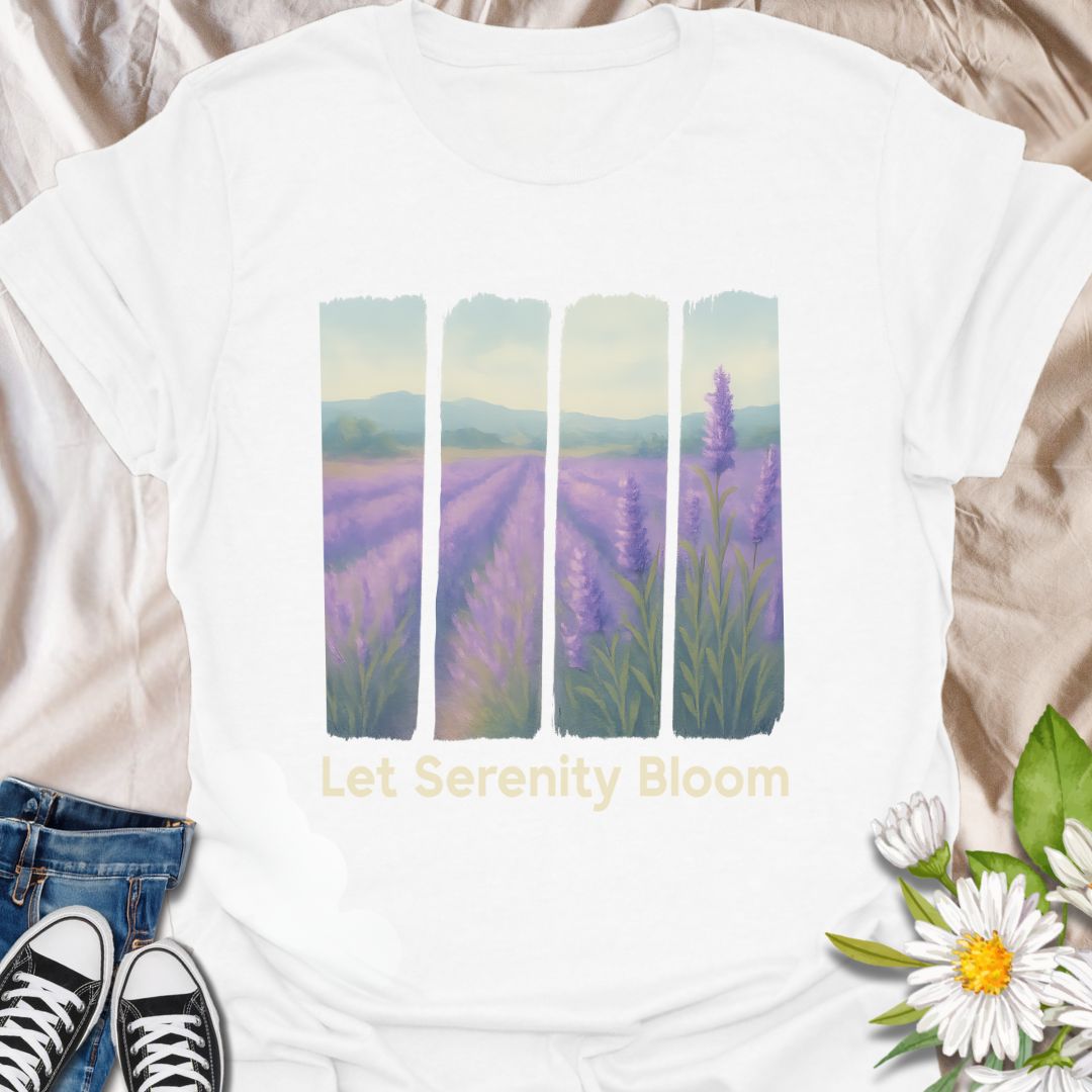 Embrace peaceful vibes with this "Let Serenity Bloom" t-shirt, featuring a dreamy lavender field viewed through vertical panels. Printed on a deep navy blue tee, this design radiates calm, mindfulness, and nature-inspired beauty. A perfect gift for lavender lovers, gardeners, and anyone drawn to serene, floral art.