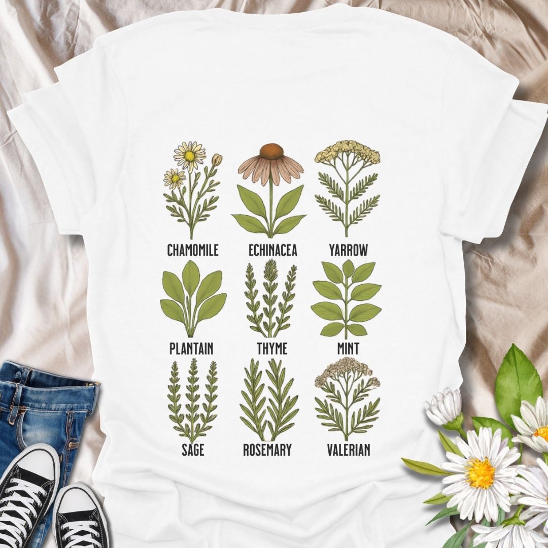Educational and stylish herbal plants t-shirt featuring hand-drawn illustrations of chamomile, echinacea, yarrow, thyme, mint, rosemary, and more. A perfect gift for gardeners, herbalists, and plant enthusiasts who love natural remedies and botany-inspired fashion.