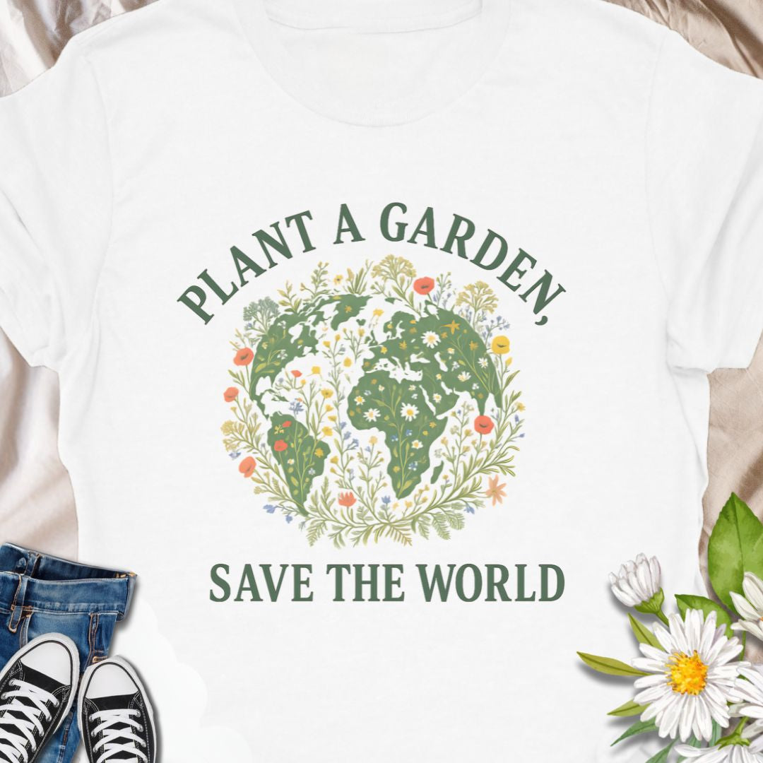 Inspire eco-conscious gardening with this "Plant a Garden, Save the World" t-shirt. Perfect for Earth Day, gardeners, and plant-based lifestyle advocates. This tee carries a gentle message: Plant a garden, save the world. The artful globe filled with leaves, flowers, and tiny pollinators sits center chest—subtle, hopeful, and easy to wear every day. 