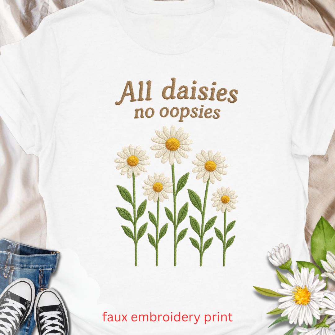 Bring a playful twist to your plant-loving wardrobe with this faux embroidery “All Daisies No Oopsies” t-shirt. Featuring a charming stitched-look daisy design, this tee blends floral cheer with a fun phrase, perfect for gardeners, plant moms, and anyone who loves whimsical nature-themed apparel.