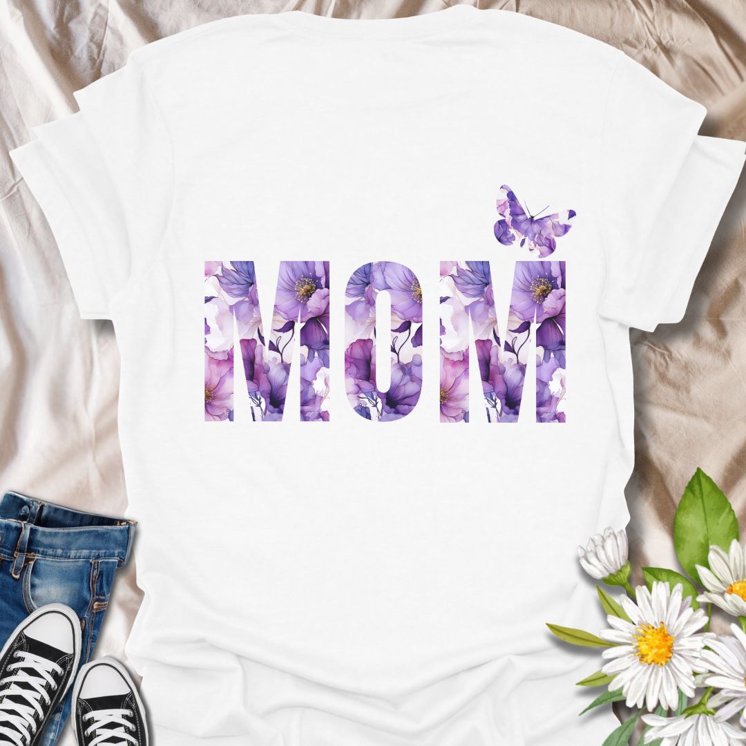 Beautiful floral “MOM” t-shirt with elegant purple and pink watercolor blooms and a butterfly accent. Perfect Mother's Day gift or everyday wear for plant moms, flower lovers, and garden enthusiasts. Celebrate motherhood with botanical charm.