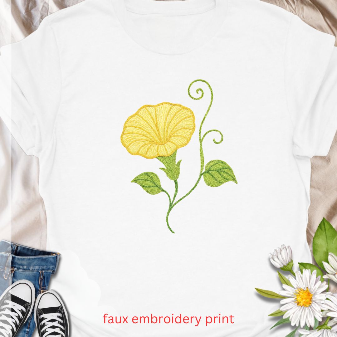 Add a touch of garden charm to your outfit with this faux embroidery t-shirt featuring a delicate yellow morning glory flower. Designed with a stitched-look finish, this nature-inspired tee is perfect for plant lovers, gardeners, and fans of floral simplicity. A soft, botanical vibe for everyday wear or gifting.