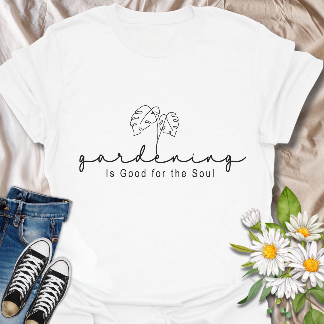 Simple and stylish gardening t-shirt with elegant line art leaves and the uplifting message 'Gardening is good for the soul.' A perfect gift for plant moms, garden lovers, and self-care advocates. Neutral tones and minimalist aesthetic for easy everyday wear or weekend plant therapy.