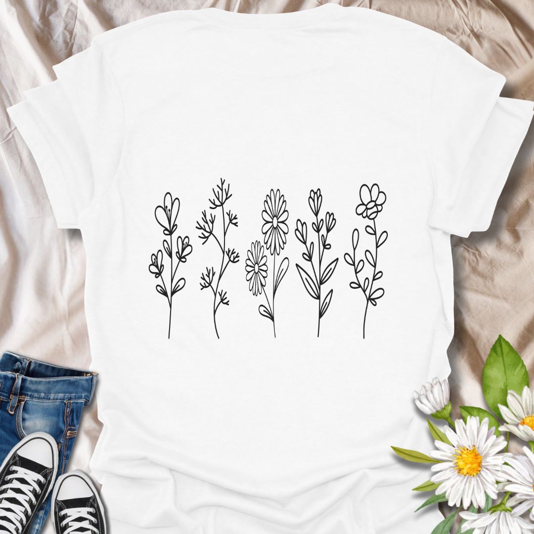 Simple wildflower line art t-shirt with delicate hand-drawn floral stems. Perfect for plant lovers, nature enthusiasts, gardeners, and fans of minimalist botanical design. A subtle, modern floral tee ideal for everyday wear and gifting.