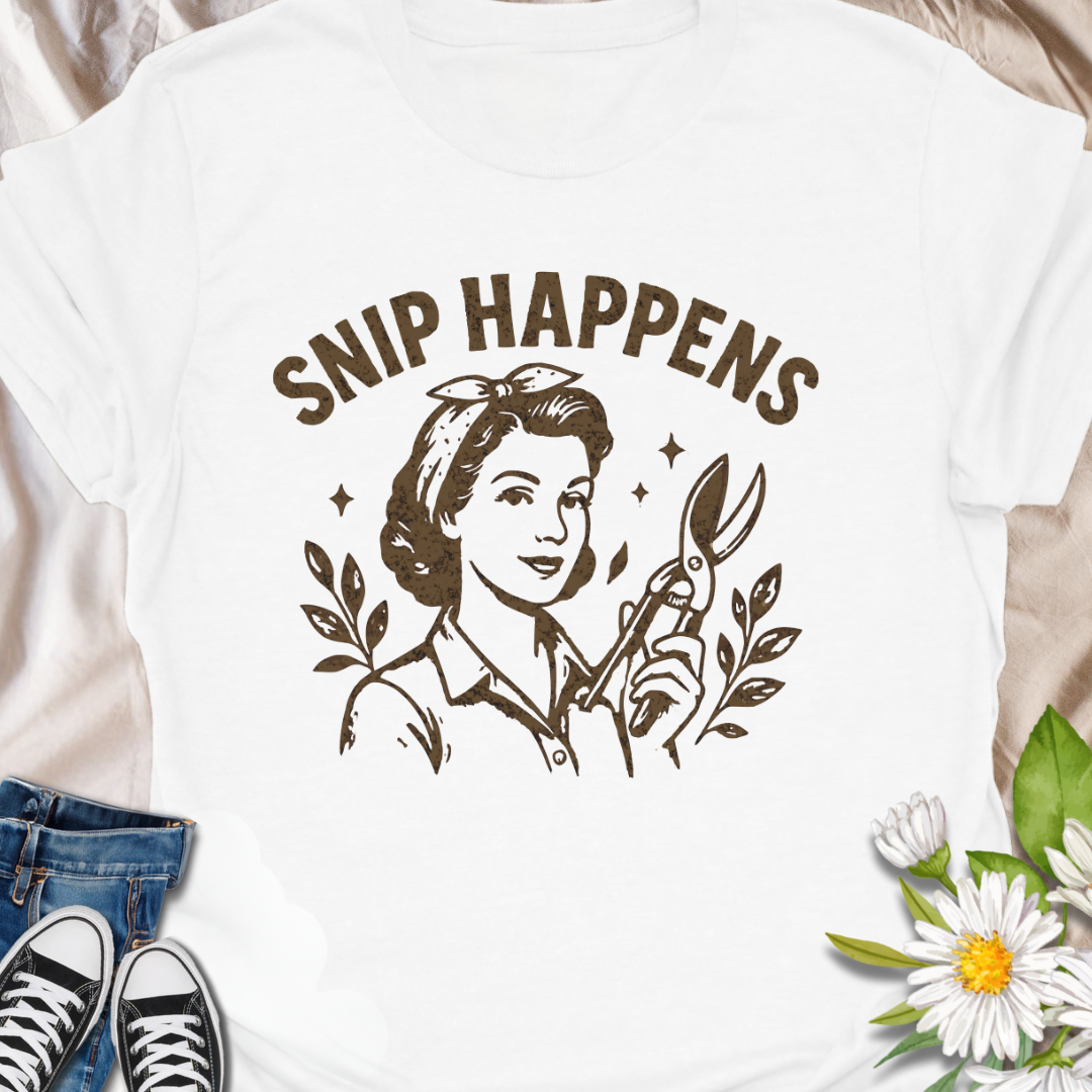 Add a witty twist to your garden gear with this “Snip Happens” t-shirt, featuring a vintage-style gardener wielding pruning shears. Perfect for plant lovers, horticulturists, and anyone with a green thumb and a sense of humor, this bold yellow tee brings style and laughs to the garden or the street. Makes a fun gift for gardening moms, grandmas, or plant parents.