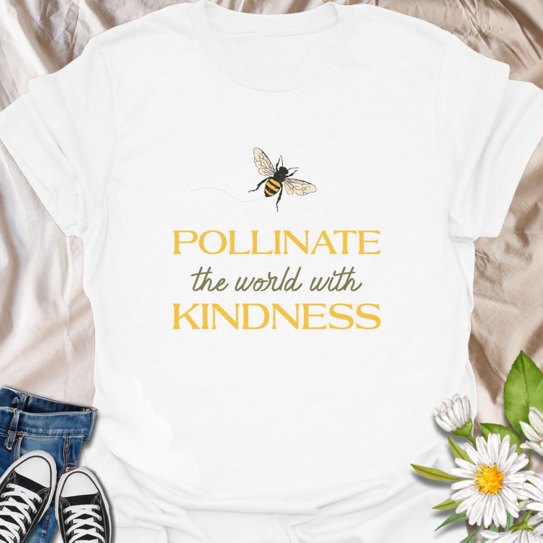 Spread positivity with this uplifting graphic t-shirt featuring a bee illustration and the inspiring phrase "Pollinate the World with Kindness." Perfect for nature lovers, pollinator supporters, and anyone who values kindness, growth, and eco-friendly living.