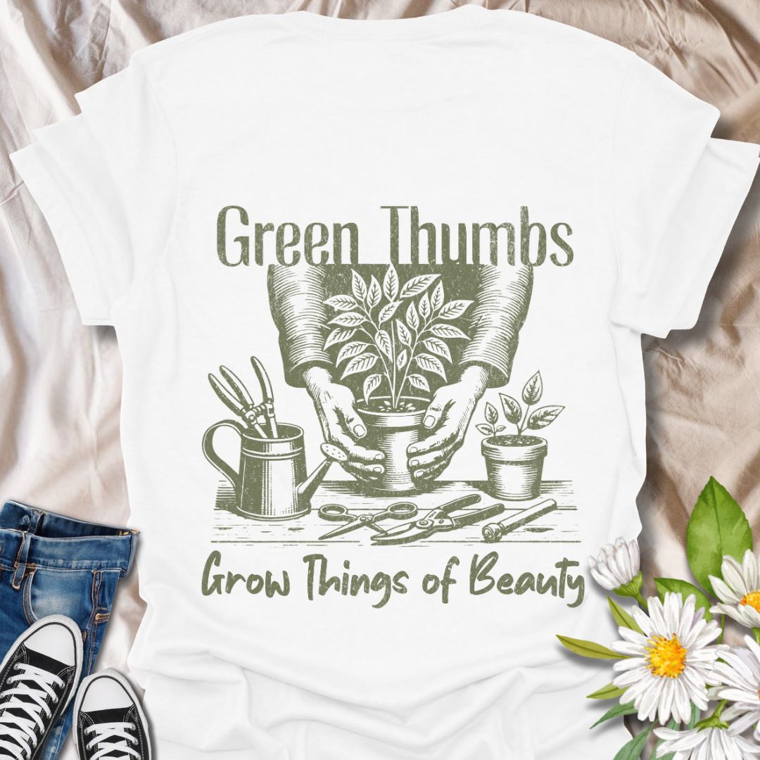 Celebrate the magic of gardening with this “Green Thumbs Grow Things of Beauty” t-shirt. Featuring a rustic hand-drawn design of planting tools and flourishing foliage, it’s the perfect gift for plant lovers and garden gurus alike.