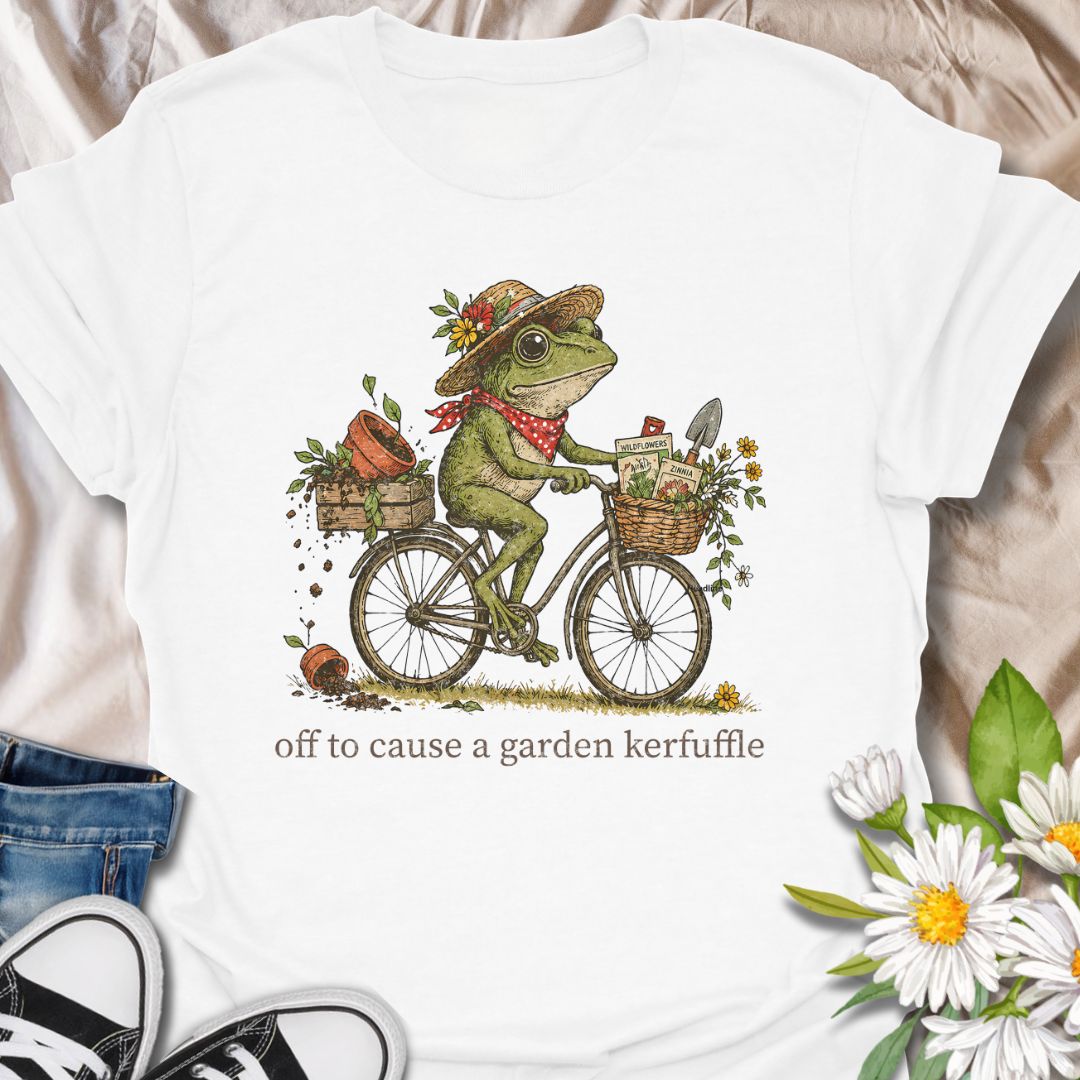 Off to Cause a Garden Kerfuffle Funny Frog Gardening T-Shirt