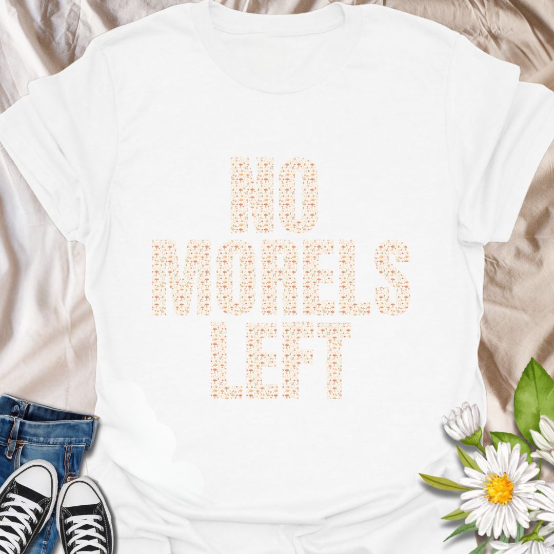 Show off your mushroom humor with this fun graphic t-shirt featuring the clever phrase "No Morels Left" which has mushroom designs within the letters.  Perfect for mushroom hunters, fungi enthusiasts, gardeners, and anyone who enjoys witty nature-inspired apparel.
