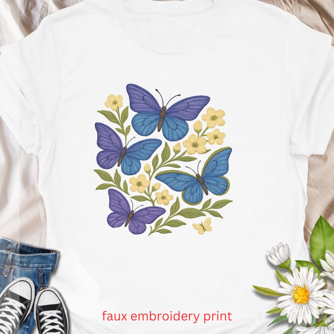 Bring whimsical garden vibes to your wardrobe with this faux embroidery butterfly and floral t-shirt. Featuring vibrant blue and purple butterflies among soft yellow flowers, this nature-inspired design mimics stitched embroidery for a cozy, handmade look—without the thread. Perfect for lovers of cottagecore fashion, pollinator gardens, and floral aesthetics.