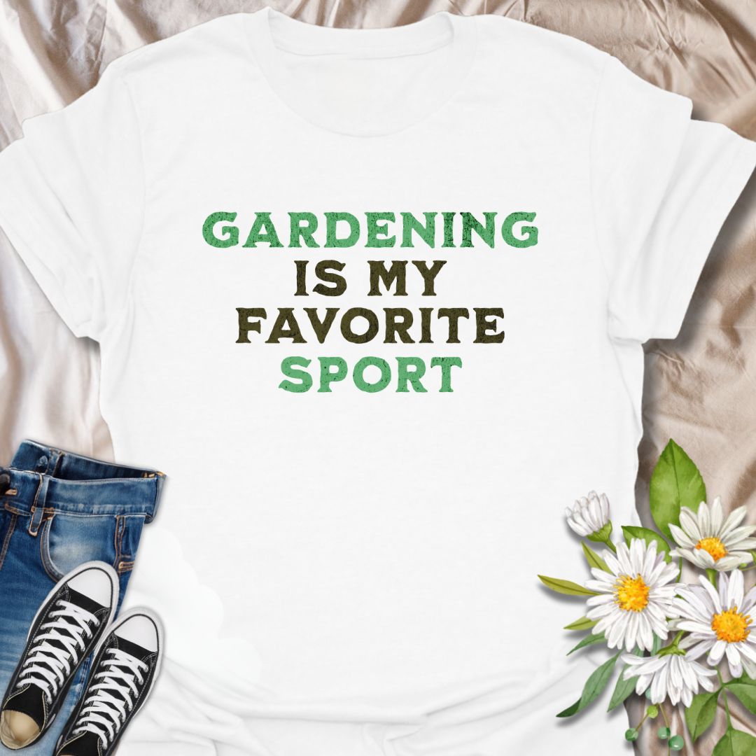 Show off your love for gardening with this fun graphic t-shirt featuring the phrase "Gardening Is My Favorite Sport." Perfect for plant parents, backyard gardeners, and anyone who finds joy and passion in tending to their plants.