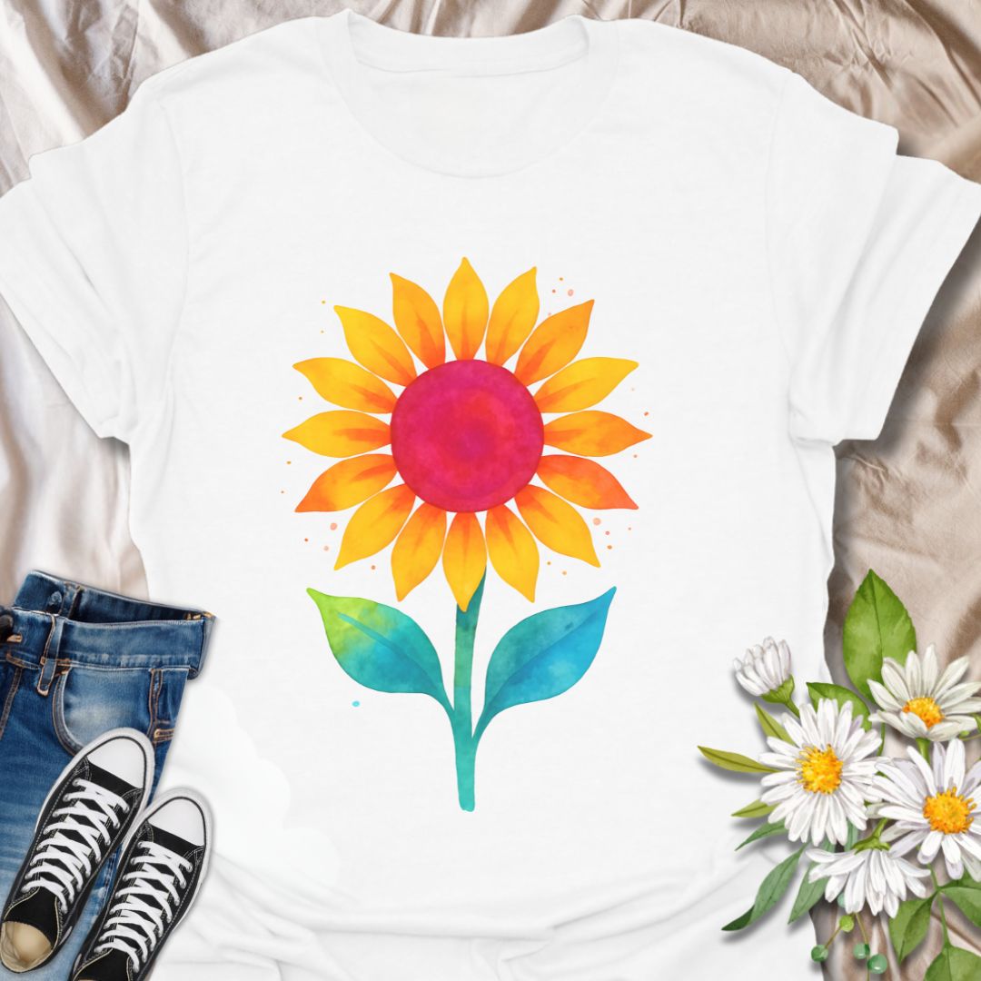 Radiate joy with this bold and colorful sunflower design, featuring vibrant watercolor textures in warm yellows, reds, and cool teal greens. This eye-catching tee is perfect for sunflower lovers, garden enthusiasts, and anyone who embraces cheerful, uplifting nature-inspired fashion. A perfect gift for plant moms, flower fanatics, or fans of bright, boho style.