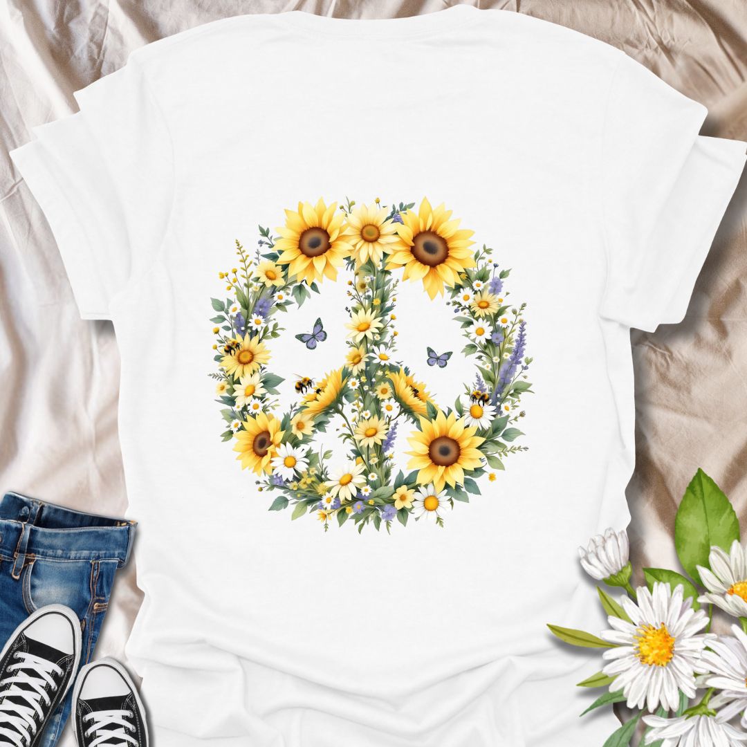 Beautiful peace sign made from bright sunflowers, daisies, and wildflowers with bees and butterflies. Ideal boho t-shirt for nature lovers, gardeners, and flower enthusiasts. White