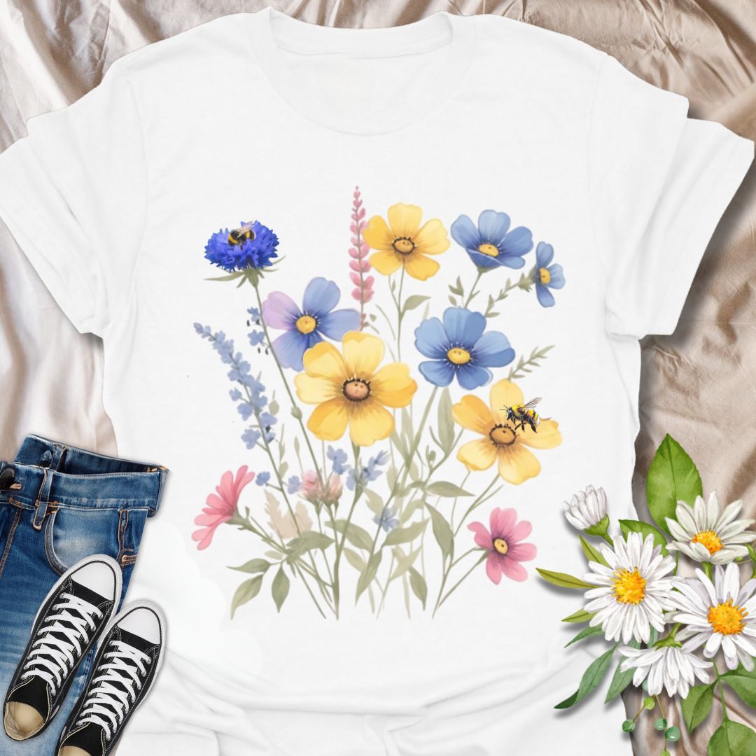 Beautiful floral t-shirt with pastel wildflowers and busy bees. A cheerful, nature-inspired design celebrating pollinators and blossoms. Perfect for bee lovers, gardeners, and anyone who appreciates sunshine, flowers, and the magic of nature in bloom.