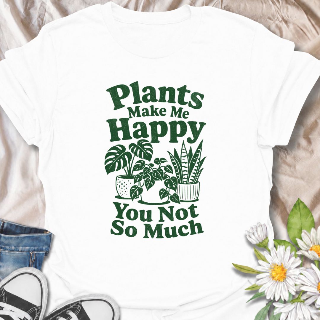 A funny plant T-shirt for anyone who would happily choose houseplants over people. The phrase “Plants Make Me Happy. You Not So Much.” delivers dry, slightly sarcastic humor that plant lovers and indoor gardeners will instantly understand. Featuring simple potted houseplants and bold retro typography, the design stays clean, readable, and easy to wear. It makes a great gift for plant parents, houseplant collectors, and anyone with a growing indoor jungle and a low tolerance for nonsense. Ideal for nursery t