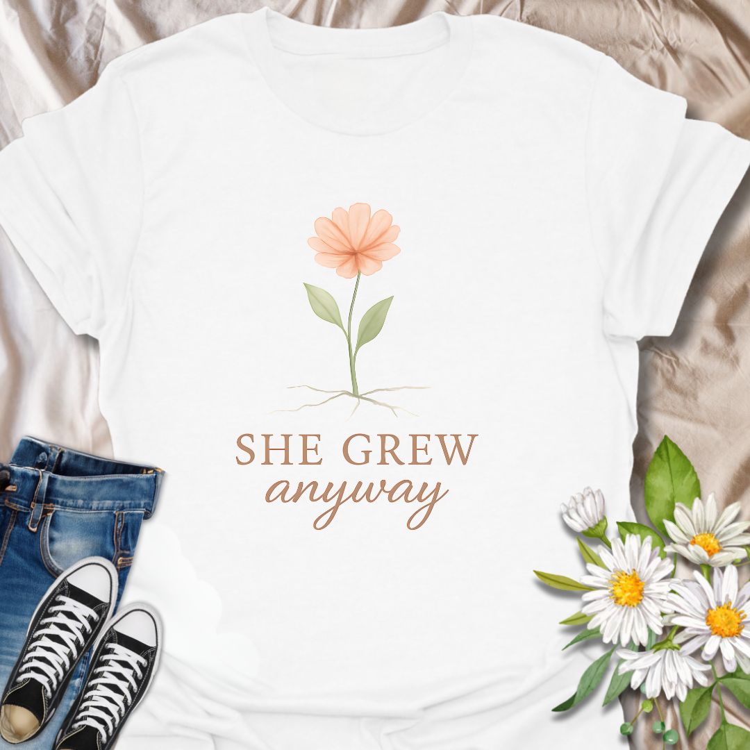 Celebrate resilience and personal growth with the “She Grew Anyway” t-shirt. Featuring a delicate hand-drawn flower with exposed roots, this inspirational design symbolizes strength, healing, and blooming through adversity. Perfect for mental health awareness, self-love, and empowerment, this floral graphic tee makes a meaningful gift for women, plant lovers, and anyone on a journey of growth and self-discovery.
