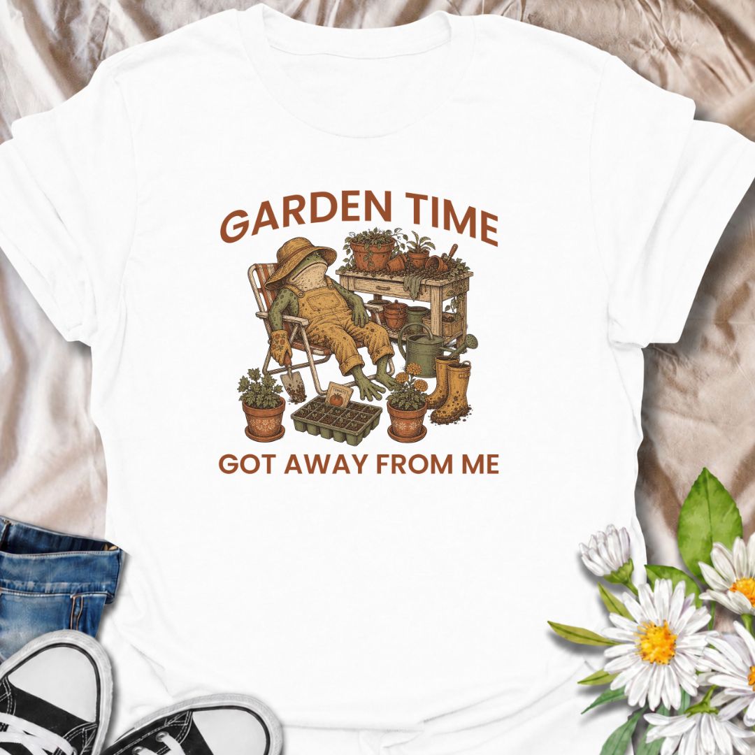Celebrate losing track of time in the garden with this funny “Garden Time Got Away From Me” T-shirt. Featuring a relaxed frog surrounded by pots, seedlings, gardening tools, and muddy boots, it perfectly captures an afternoon that turned into an all-day garden session. A charming gift for gardeners, plant lovers, and anyone happiest pottering outdoors.