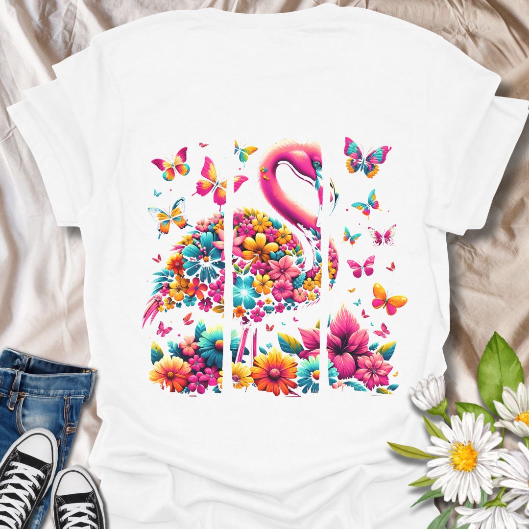 Brighten your wardrobe with this stunning flamingo made entirely of colorful flowers, surrounded by vibrant butterflies. Perfect for nature lovers, summer vibes, or anyone who adores flamingos and cheerful floral designs.