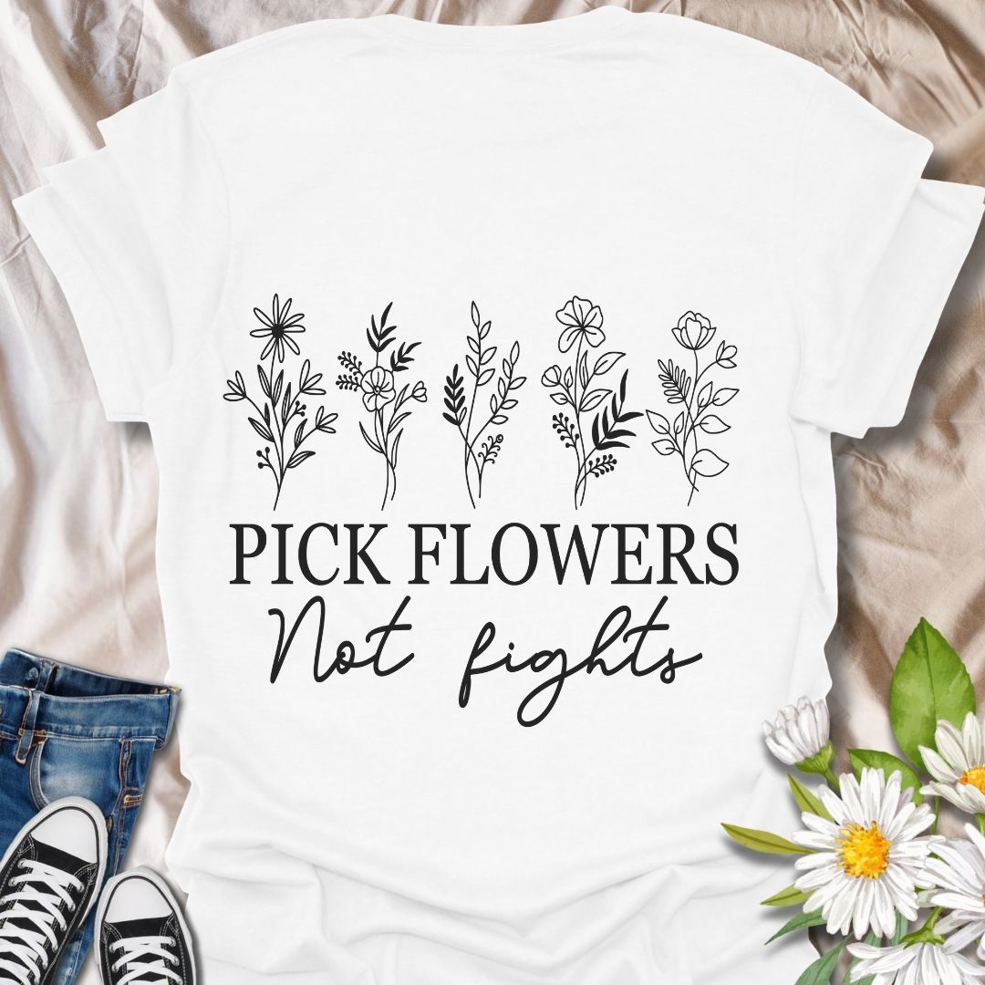 Promote peace and positivity with this “Pick Flowers Not Fights” botanical t-shirt. Featuring minimalist hand-drawn floral illustrations, it’s perfect for garden lovers, plant moms, and kindness advocates.