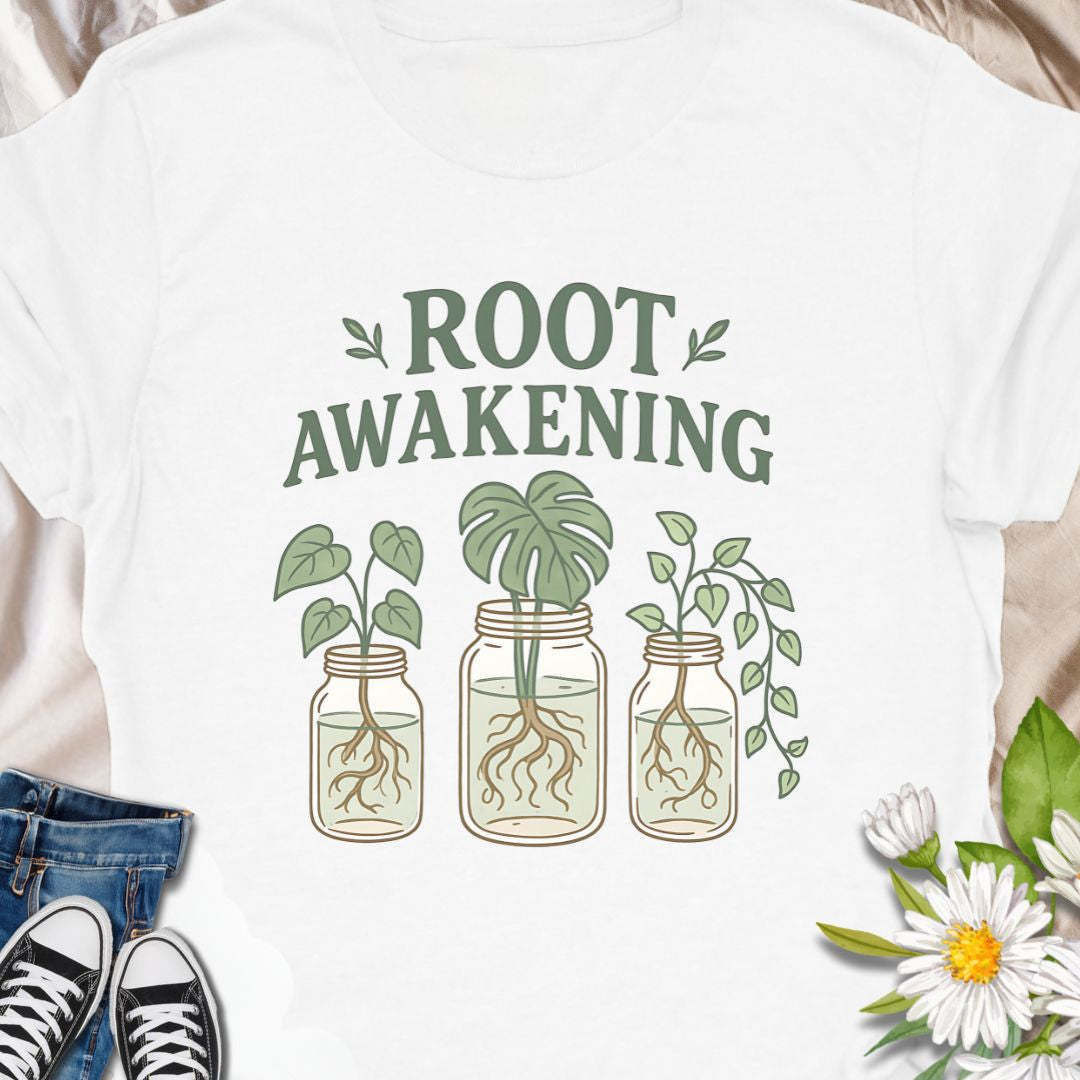 
For plant enthusiasts who love jar propagation, this t-shirt blends clever wordplay with a soft green aesthetic - Soft, lived-in comfort meets quiet green joy. This  tee carries a gentle plant-lover’s message — ‘Root Awakening’ above three mason jars with thriving cuttings and visible roots. The muted greens and hand-drawn lines give it a botanical, cottage-core vibe that reads as calm and intentional. 