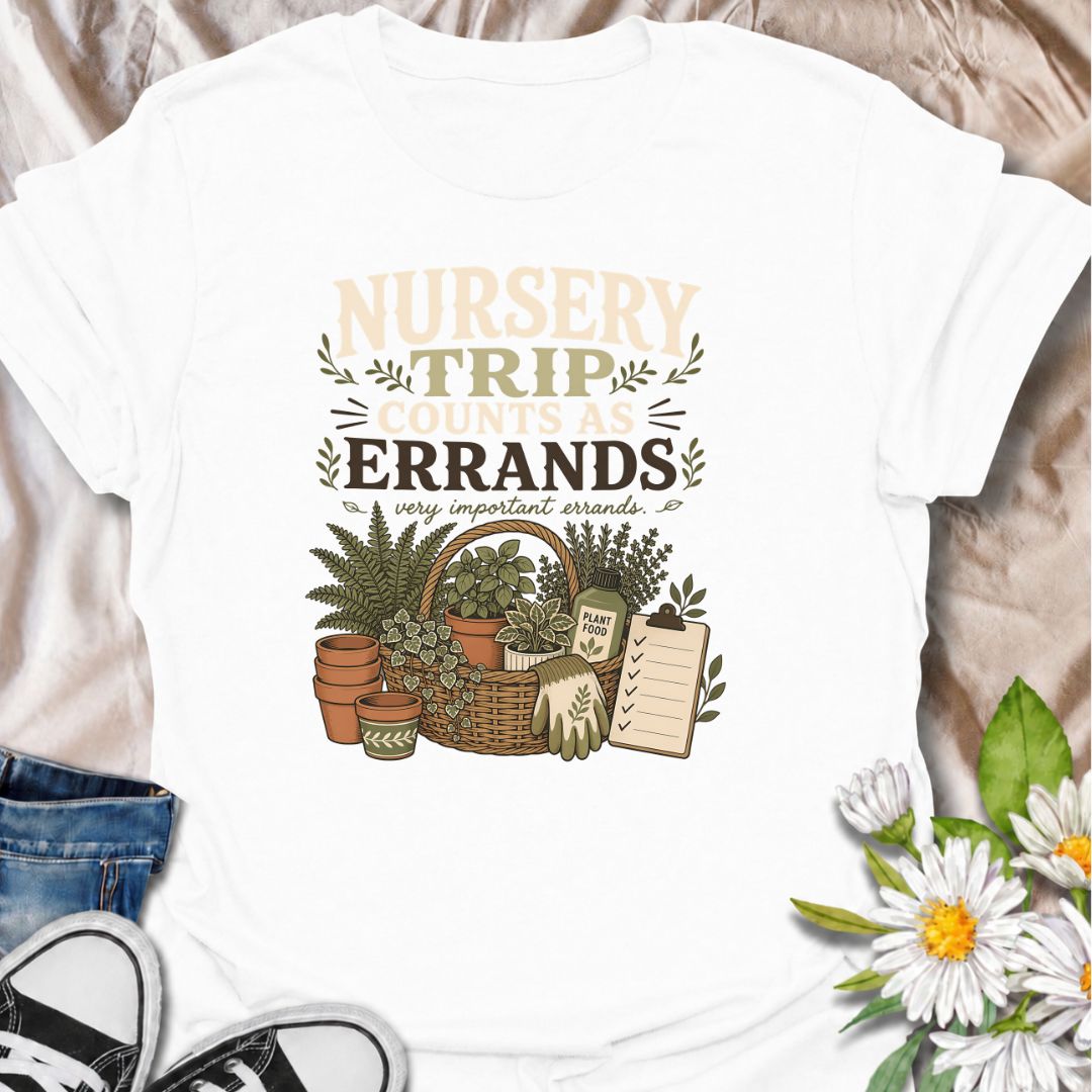 Make every plant-shopping trip feel productive with this “Nursery Trip Counts as Errands” T-shirt. The detailed basket of herbs, pots, garden supplies, and checklist celebrates a gardener’s most important appointments. It is a fun gift for plant lovers who always make time for the nursery.