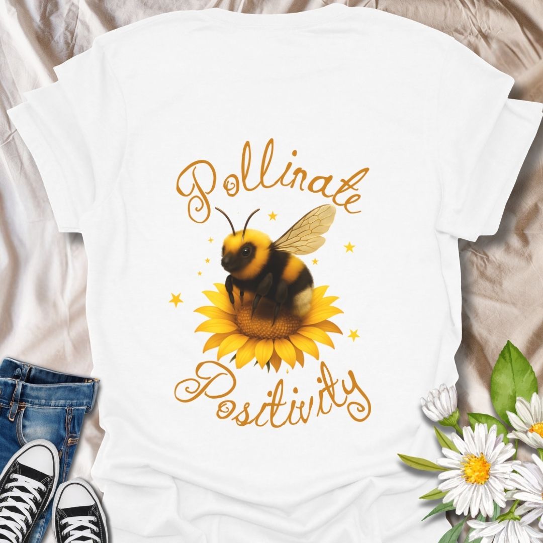 Pollinate Positivity t-shirt featuring a cute bumblebee on a bright sunflower, spreading good vibes and positive energy. Perfect bee lover shirt, nature-inspired graphic tee, gardening gift, or summer aesthetic outfit. Soft, lightweight, and ideal for women, teens, or anyone who loves bees, sunflowers, and inspirational quotes