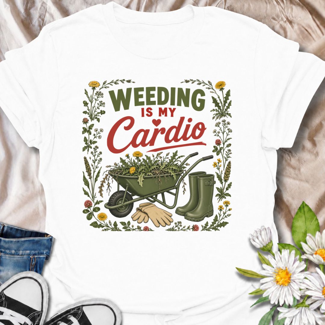 Trade the treadmill for the flower beds with this “Weeding Is My Cardio” T-shirt. Featuring a wheelbarrow full of weeds, gardening gloves, and muddy green boots, it is made for gardeners who get their exercise outdoors. A fun gift for vegetable growers, flower gardeners, and backyard garden enthusiasts.
