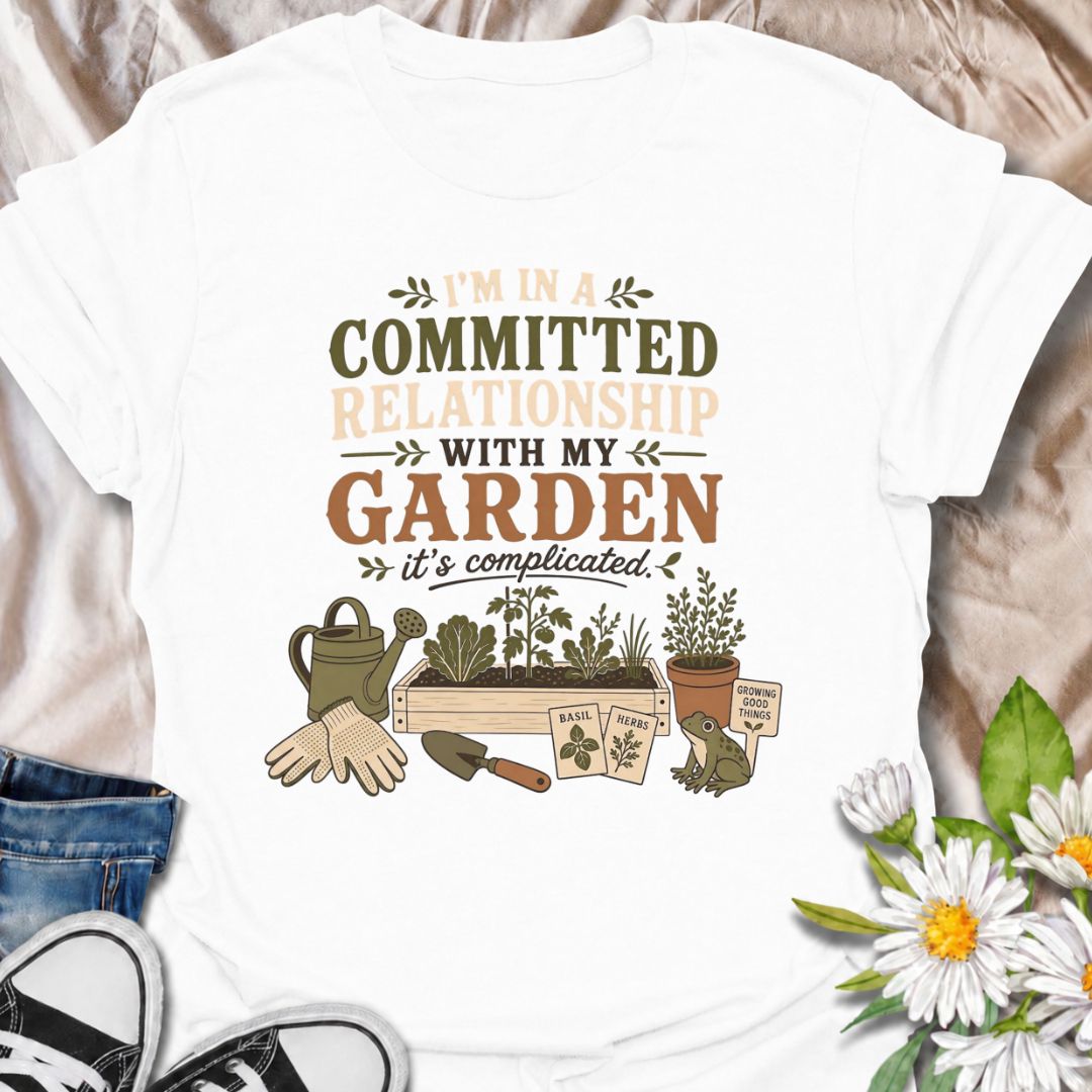 Celebrate your most dependable relationship with this funny gardening T-shirt. Featuring the phrase “I’m in a Committed Relationship With My Garden,” it is perfect for gardeners who would rather spend their time among plants, herbs, and raised beds. A charming gift for garden lovers, plant moms, and backyard growers.