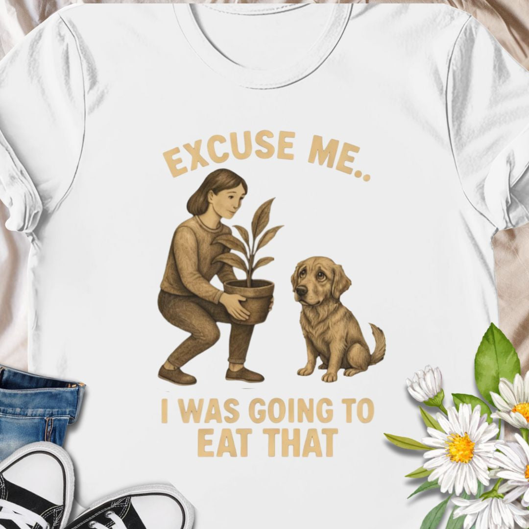Funny dog and plant shirt showing a dog eyeing a houseplant. A humorous gift for dog owners and plant lovers.
