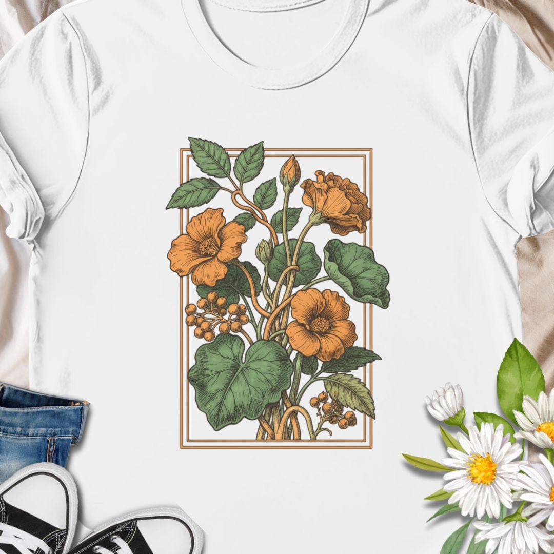 Retro floral graphic tee with Nasturtium style orange botanical blooms. Perfect for plant lovers, gardeners, and vintage-style enthusiasts. 